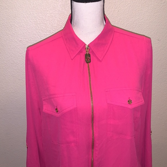 NWT Michael Kors Basics Radiant pink pocket zip up shirt - Picture 2 of 9